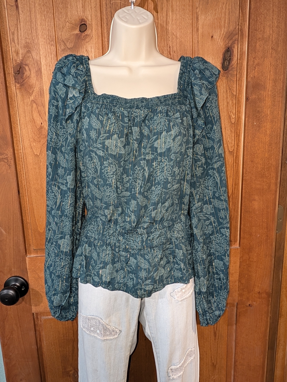 Universal Thread Teal Floral Square-Neck Peplum Blouse
